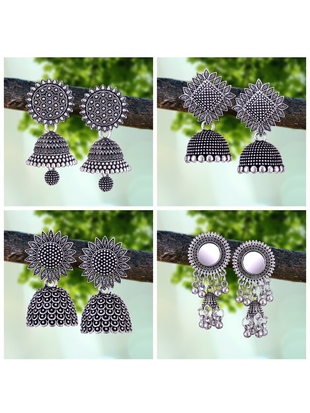 

MEENAZ Set Of 4 Silver-Plated Oxidised Peacock Shaped Jhumkas