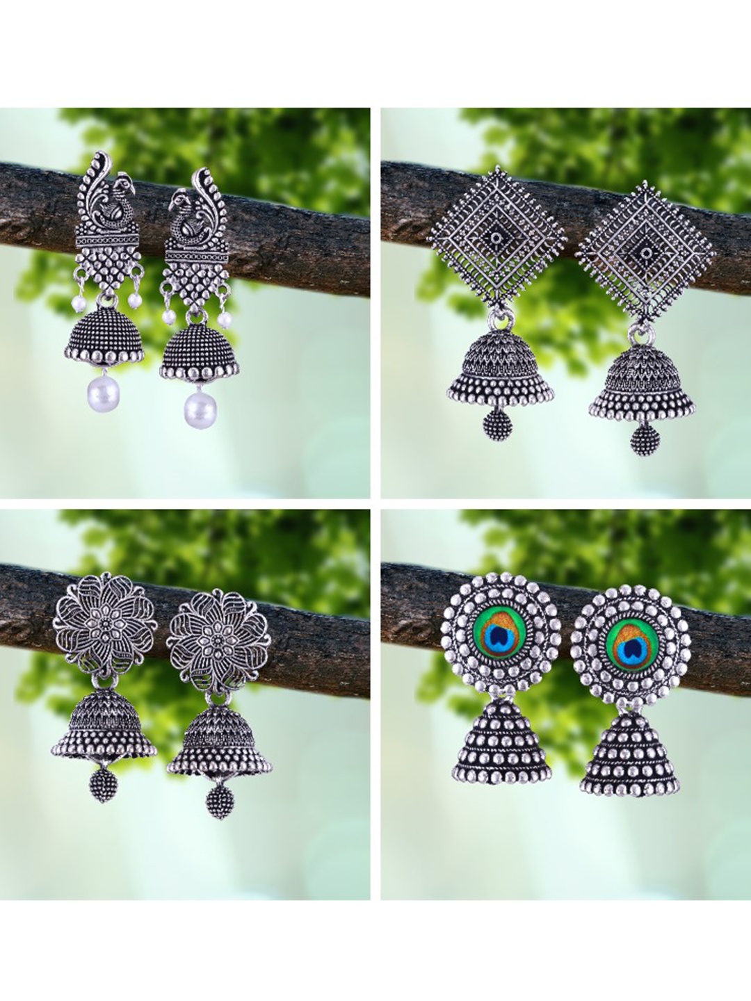 

MEENAZ Set Of 4 Silver-Plated Oxidised Peacock Shaped Jhumkas