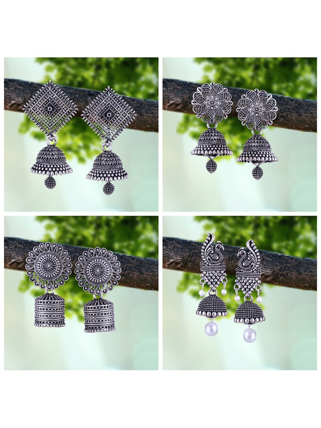 

MEENAZ Set Of 4 Silver-Plated Oxidised Peacock Shaped Jhumkas