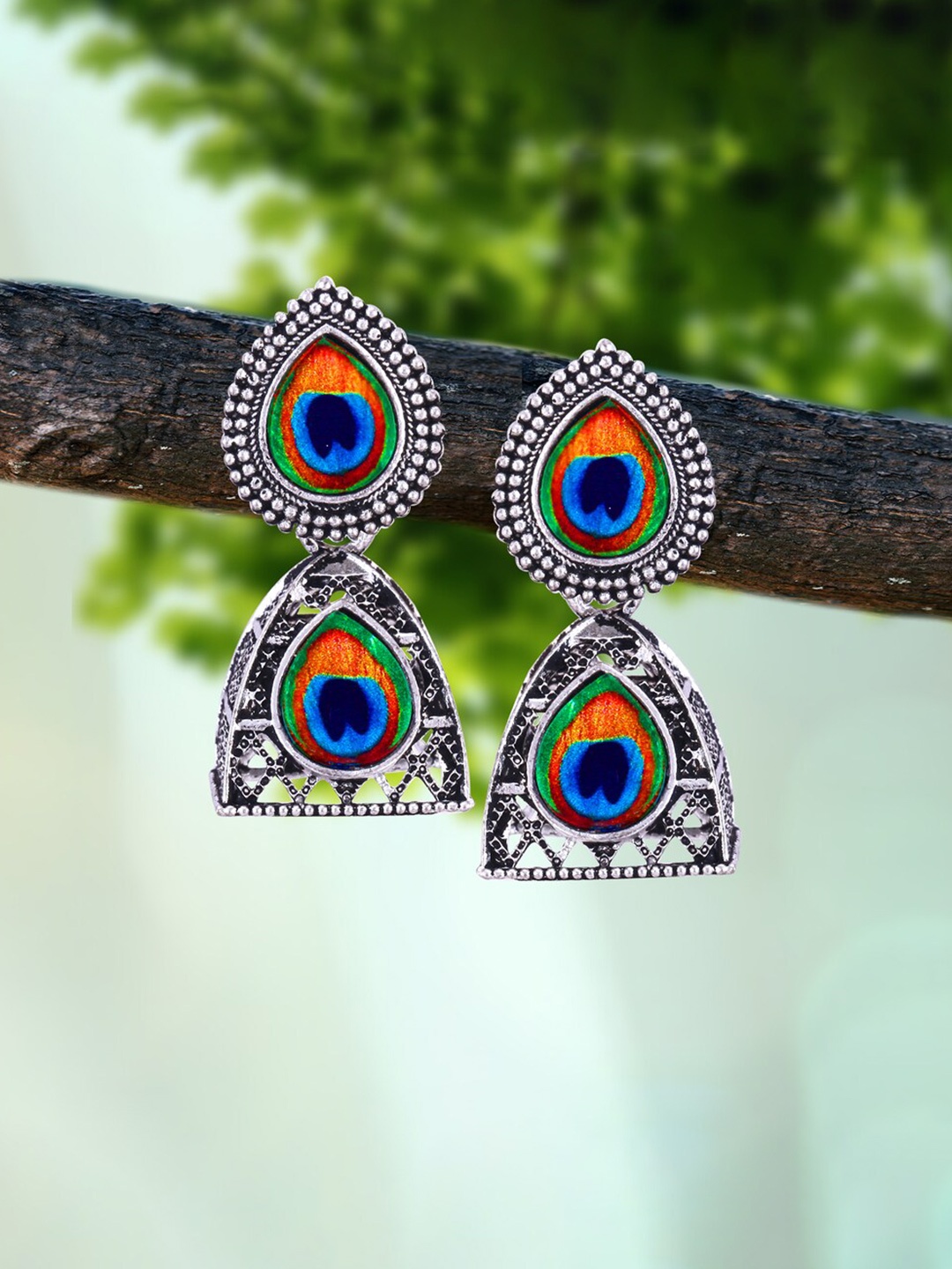 

MEENAZ Set Of 4 Silver-Plated Beaded Classic Oxidised Jhumkas