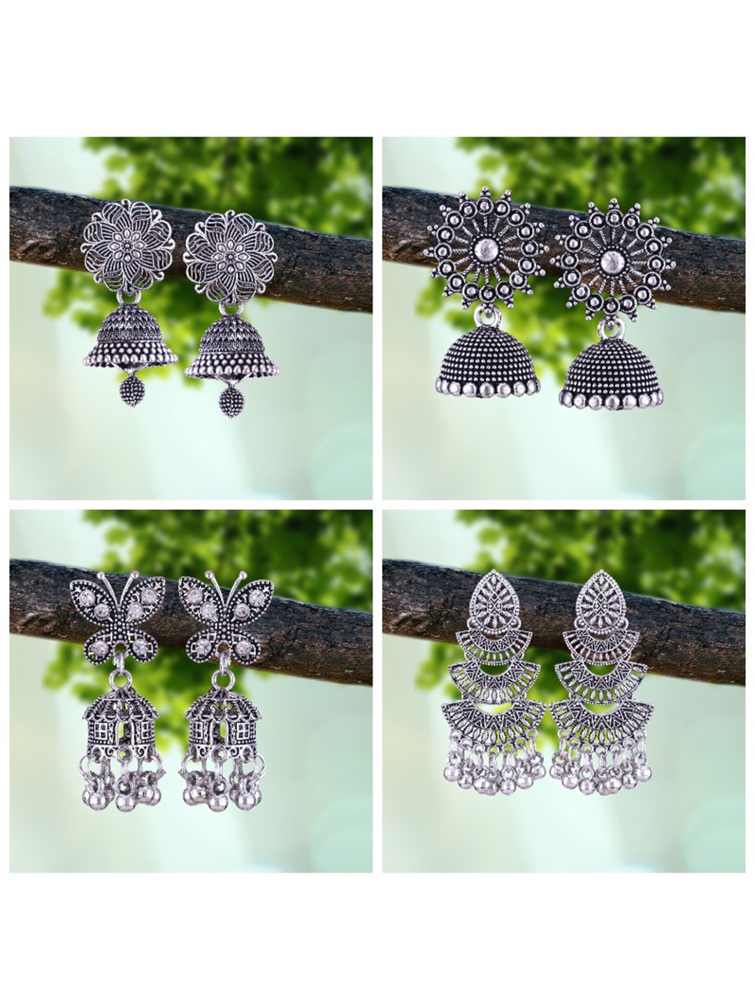 

MEENAZ Pack Of 4 Silver-Plated Oxidised Peacock Shaped Jhumkas