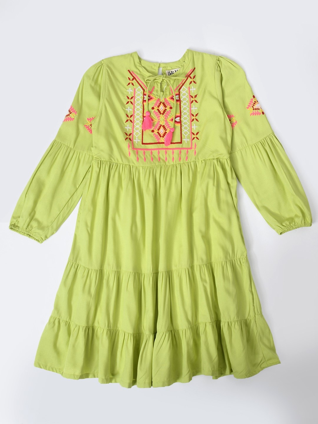 

Bella Moda Embroidered Cotton Tie-Up Neck Flared A-Line Dress, Green