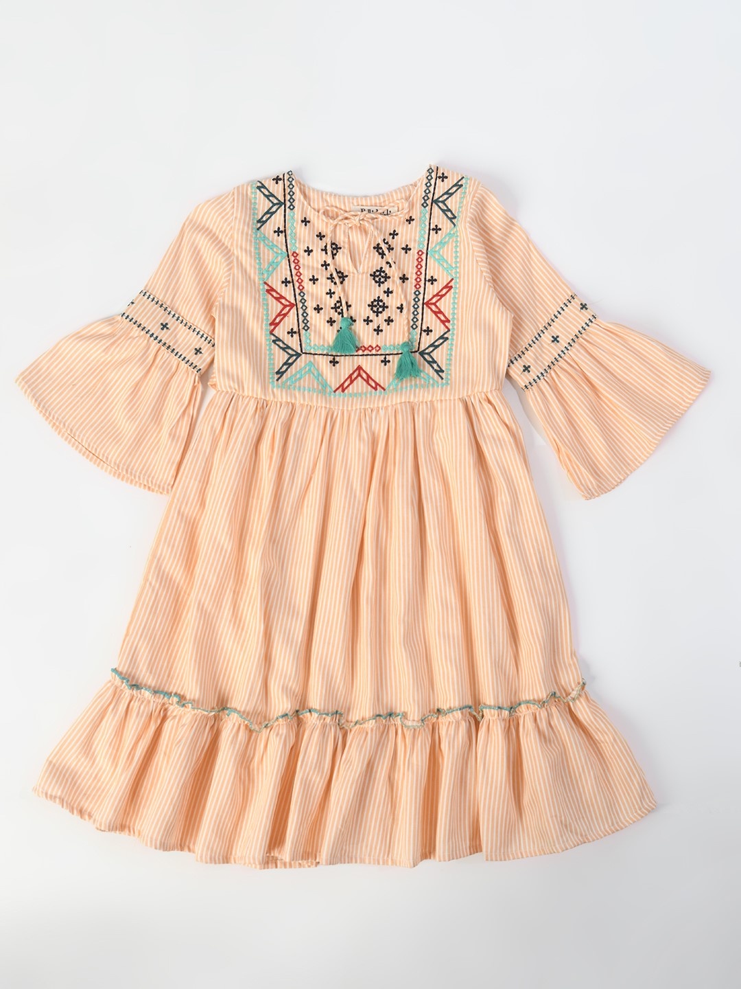 

Bella Moda Girls Embroidered Tie-Up Neck Pure Cotton A-Line Dress, Orange