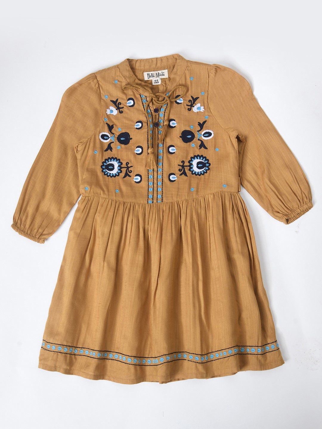 

Bella Moda Embroidered Cotton Tie-Up Neck Flared Fit & Flare Dress, Gold
