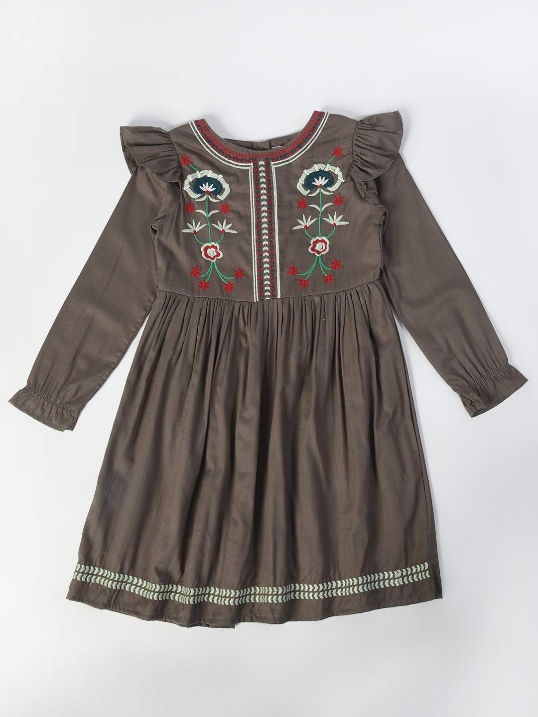 

Bella Moda Girls Floral Embroidered Round Neck Cotton A-Line Dress, Grey