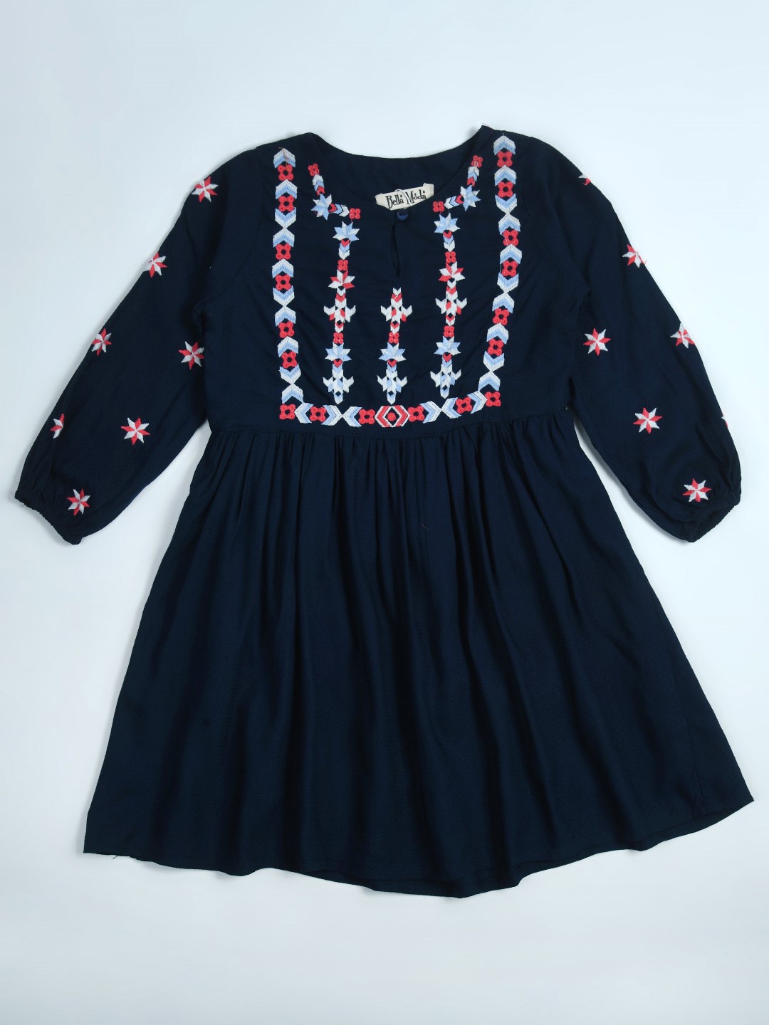 

Bella Moda Girls Floral Embroidered Pure Cotton Fit & Flare Dress, Blue
