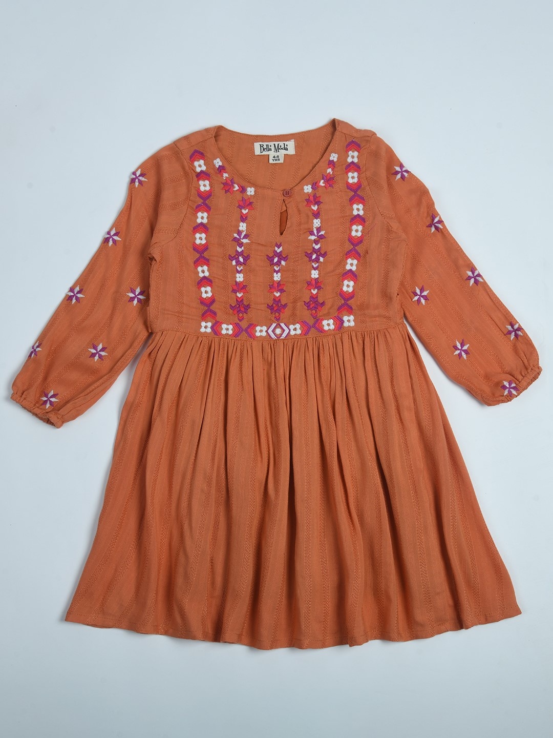 

Bella Moda Girls Floral Embroidered Keyhole Neck Cotton A-Line Dress, Rust
