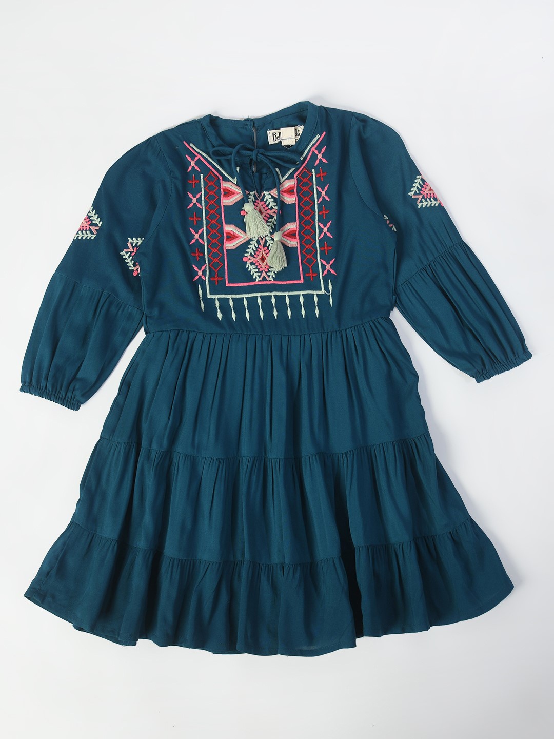 

Bella Moda Girls Floral Embroidered Tie-Up Neck Pure Cotton A-Line Dress, Turquoise blue