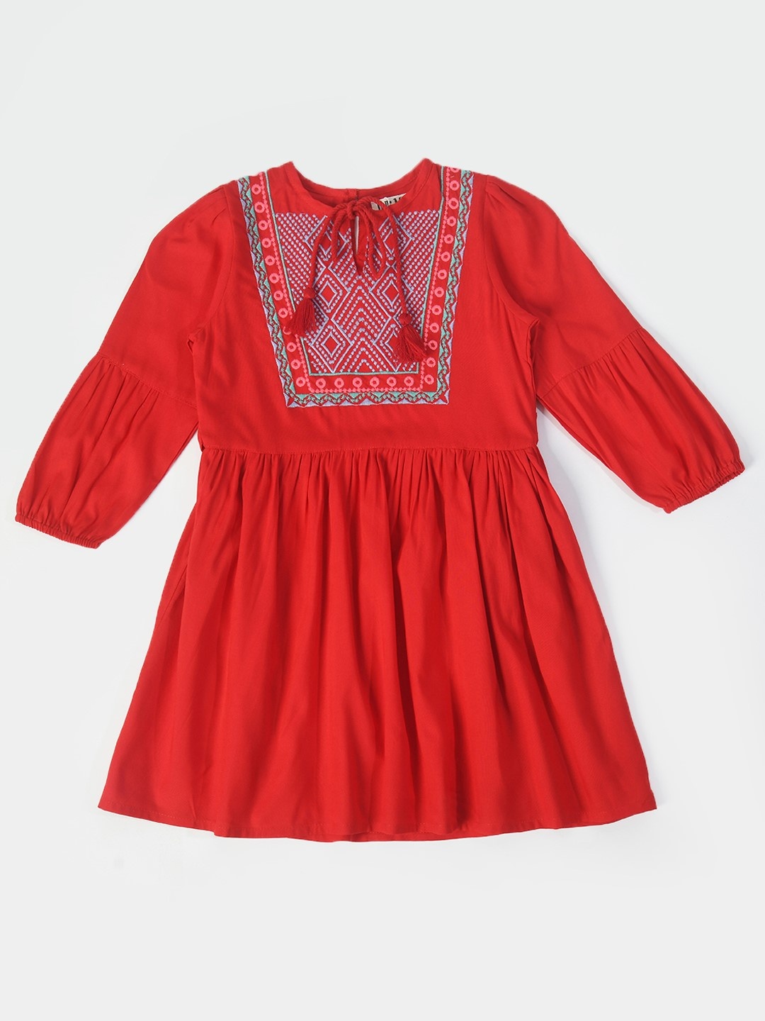 

Bella Moda Girls Floral Embroidered Tie-Up Neck Pure Cotton Fit & Flare Dress, Red