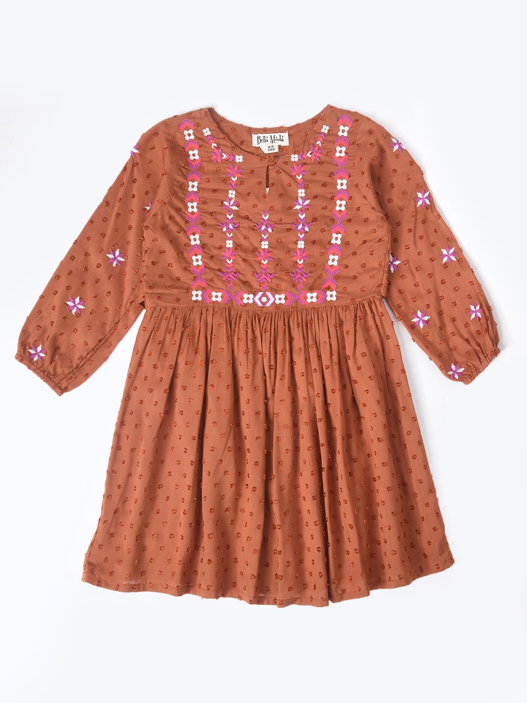 

Bella Moda Girls Floral Embroidered Pure Cotton Fit & Flare Dress, Brown