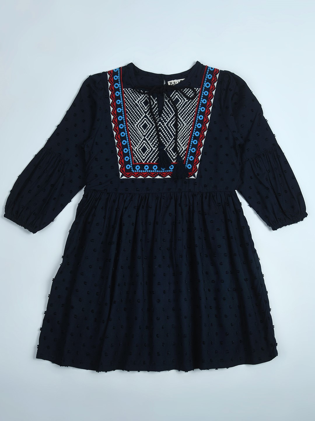 

Bella Moda Girls Self Design Tie-Up Neck Cotton Fit & Flare Dress, Navy blue