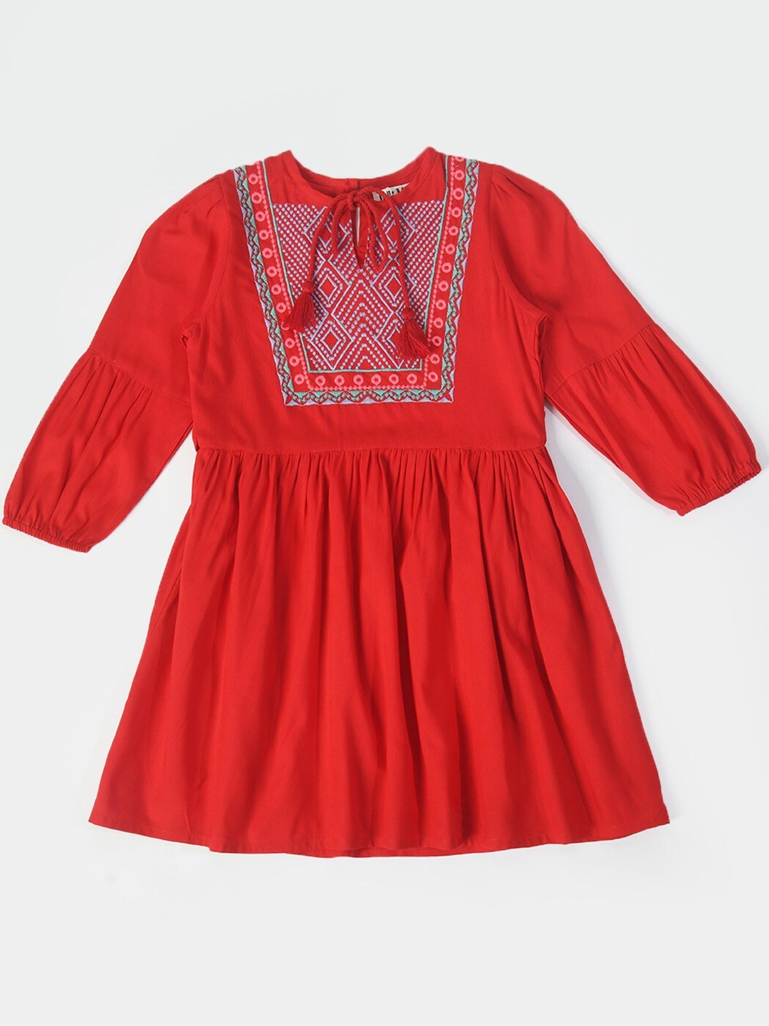 

Bella Moda Girls Puff Sleeve Fit & Flare Cotton Opaque Casual Dress, Red