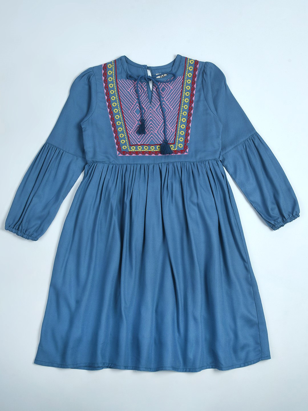 

Bella Moda Embroidered Cotton Tie-Up Neck A-Line Flared Dress, Blue