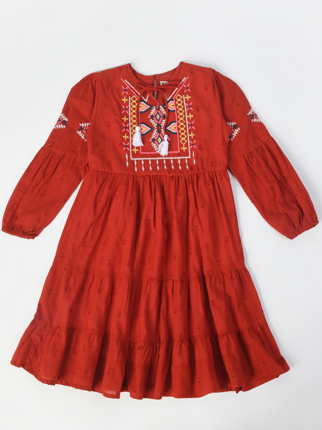 

Bella Moda Girls Floral Embroidered Tie-Up Neck Pure Cotton A-Line Dress, Red
