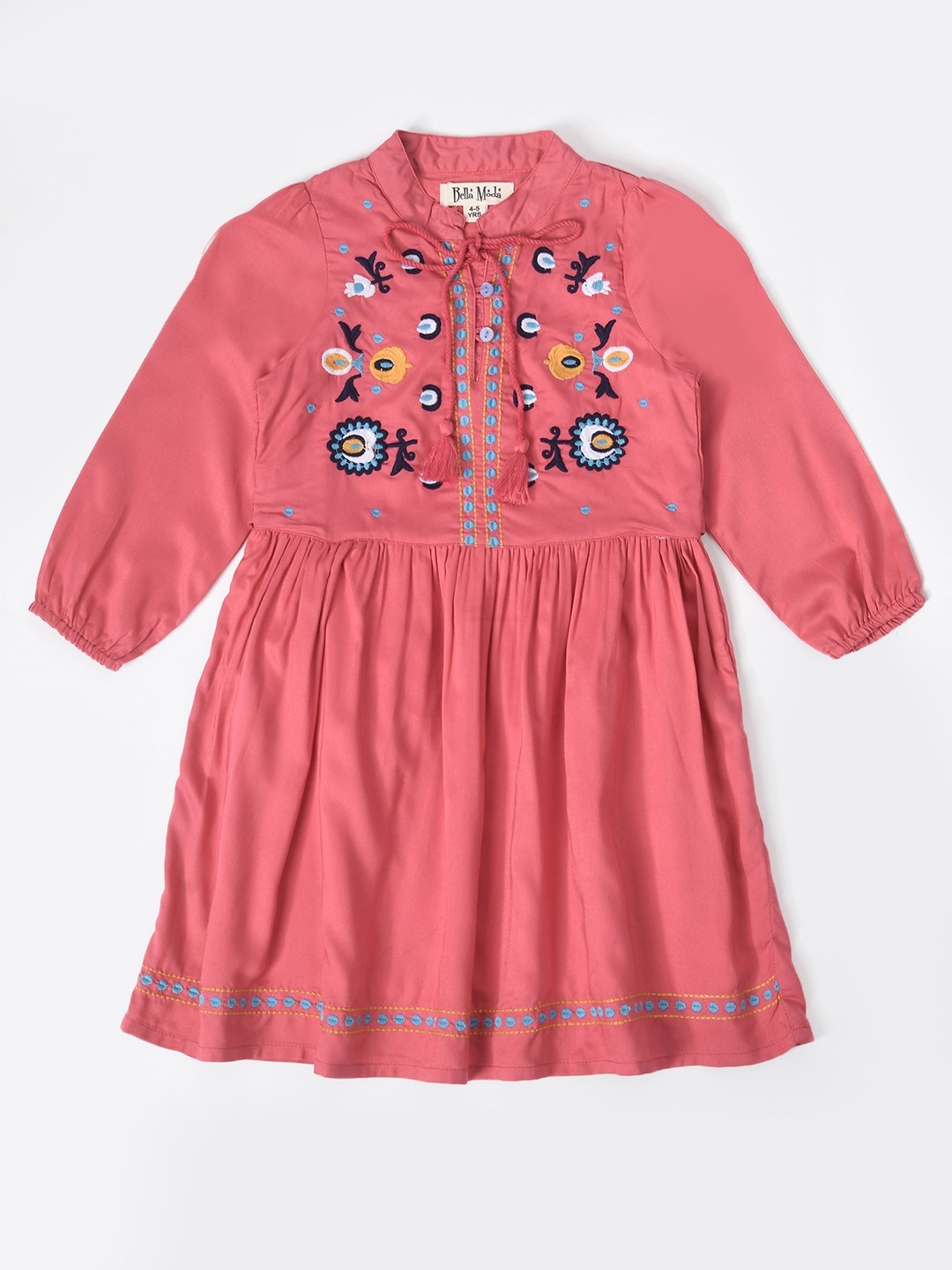 

Bella Moda Embroidered Cotton Tie-Up Neck Flared Fit & Flare Dress, Pink