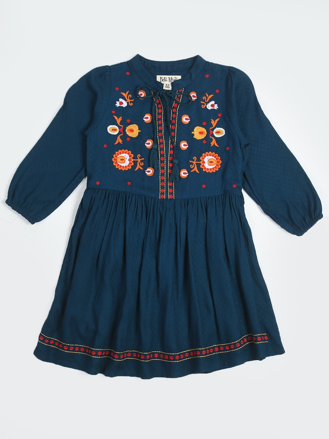 

Bella Moda Girls Floral Embroidered Cuffed Sleeves Tie Ups Neck Cotton Fit & Flare Dress, Blue