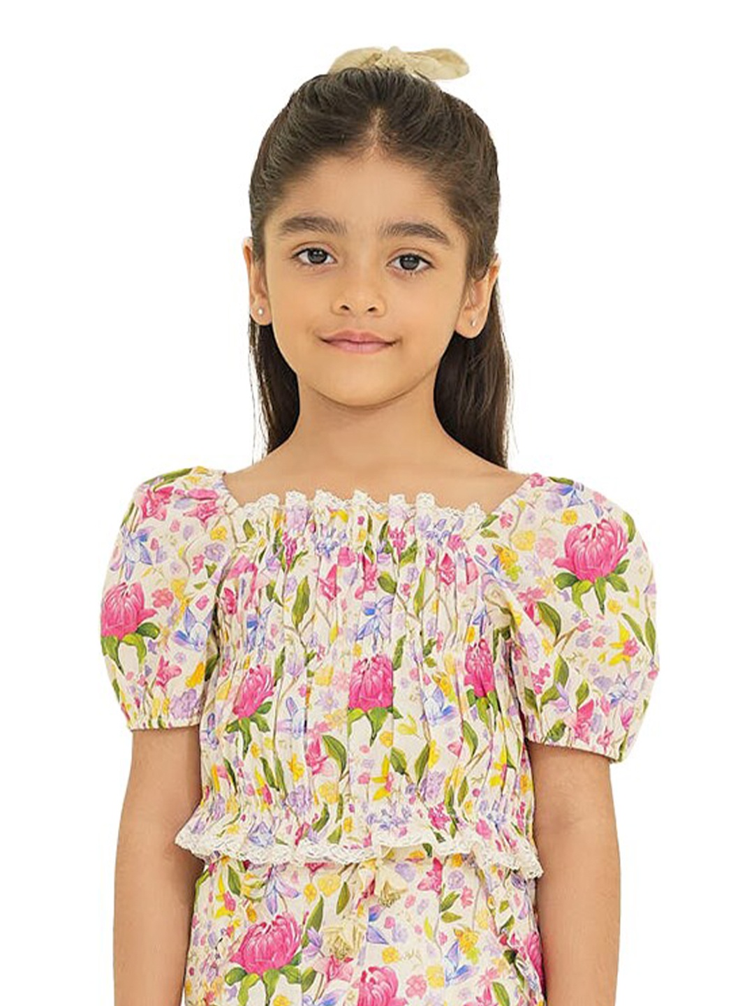 

The Tribe Kids Floral Printed Puff Sleeves Cotton Blouson Top, Pink