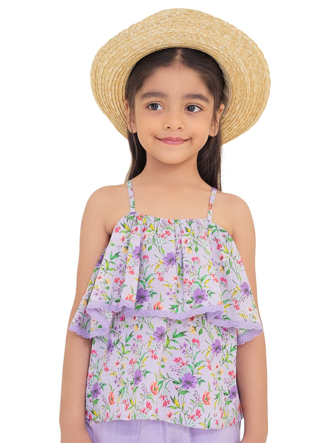 

The Tribe Kids Girls Floral Printed Pure Cotton Sleeveless Top, Purple