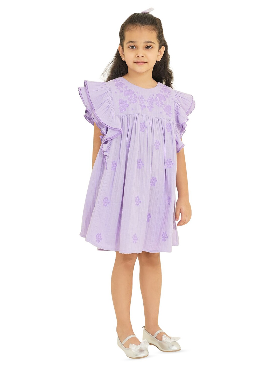 

The Tribe Kids Girls Floral Embroidered Gathered Cotton A-Line Dress, Purple