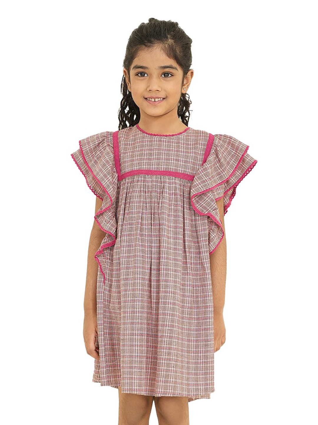 

The Tribe Kids Girls Checked Gathered Cotton A-Line Dress, Peach