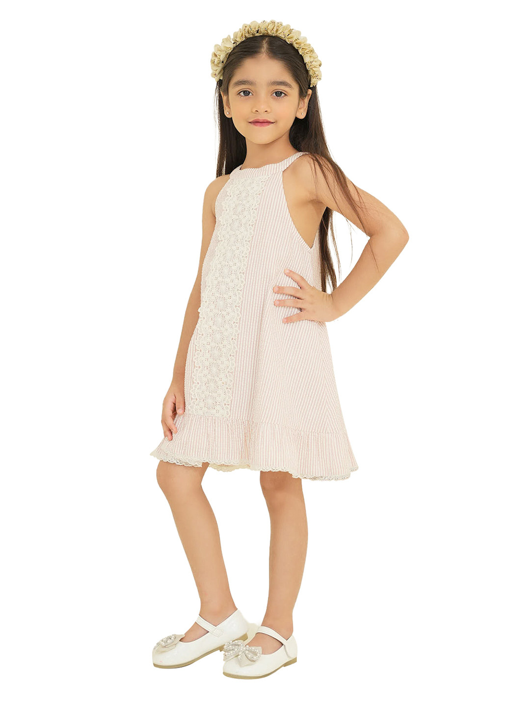 

The Tribe Kids Girls Striped Printed Halter Neck Knee Length Cotton A Line Dress, Orange
