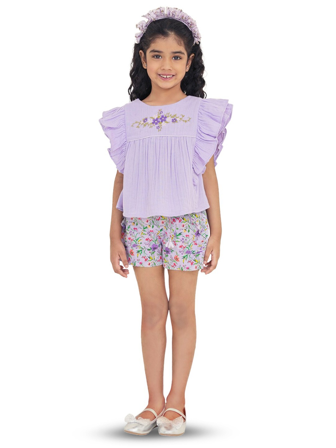 

The Tribe Kids Girls Floral Embroidered Flutter Sleeves Cotton Top, Purple