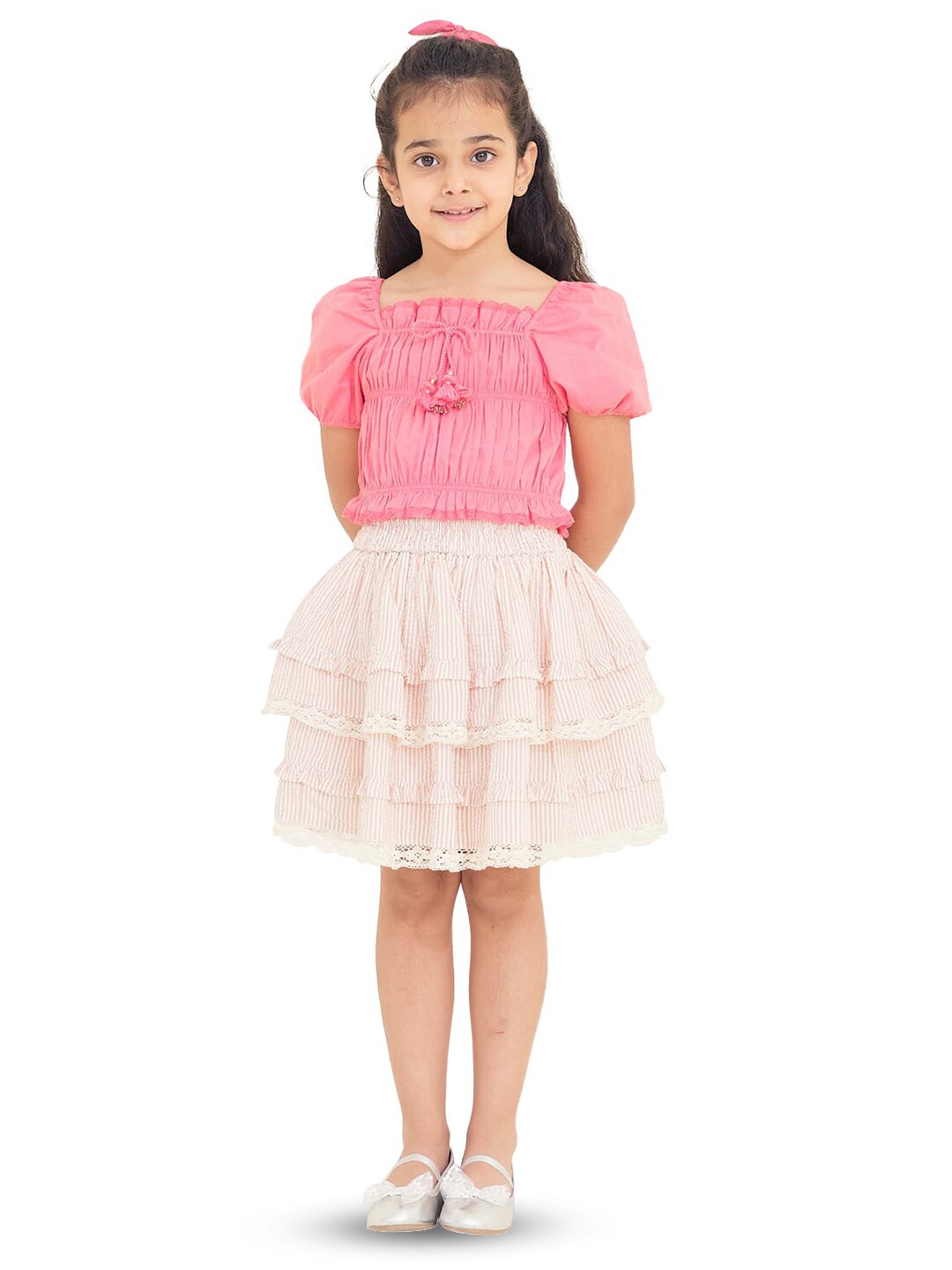 

The Tribe Kids Girls Puff Sleeves Cotton Top, Pink