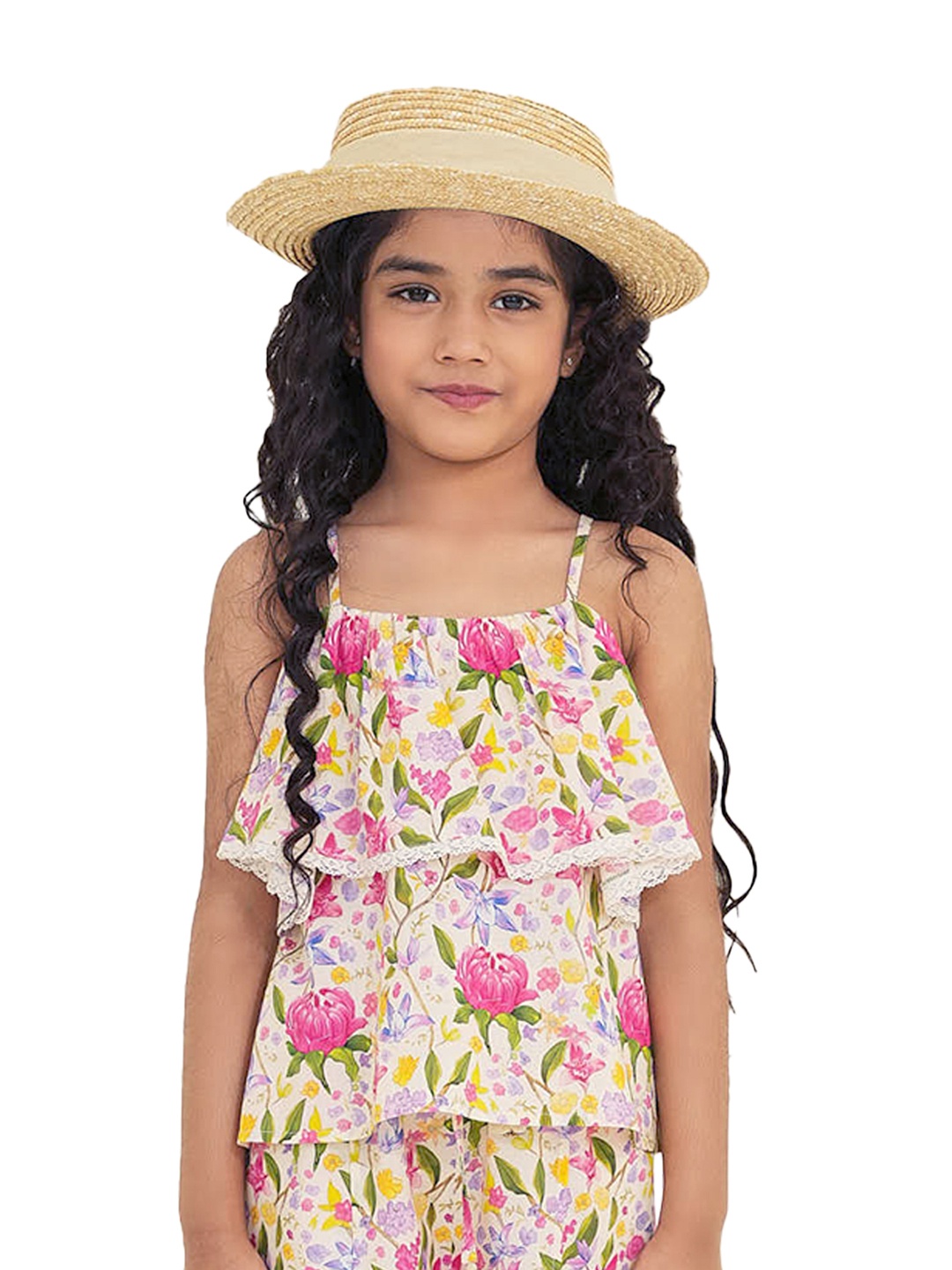 

The Tribe Kids Girls Floral Printed Shoulder Straps Pure Cotton Top, White