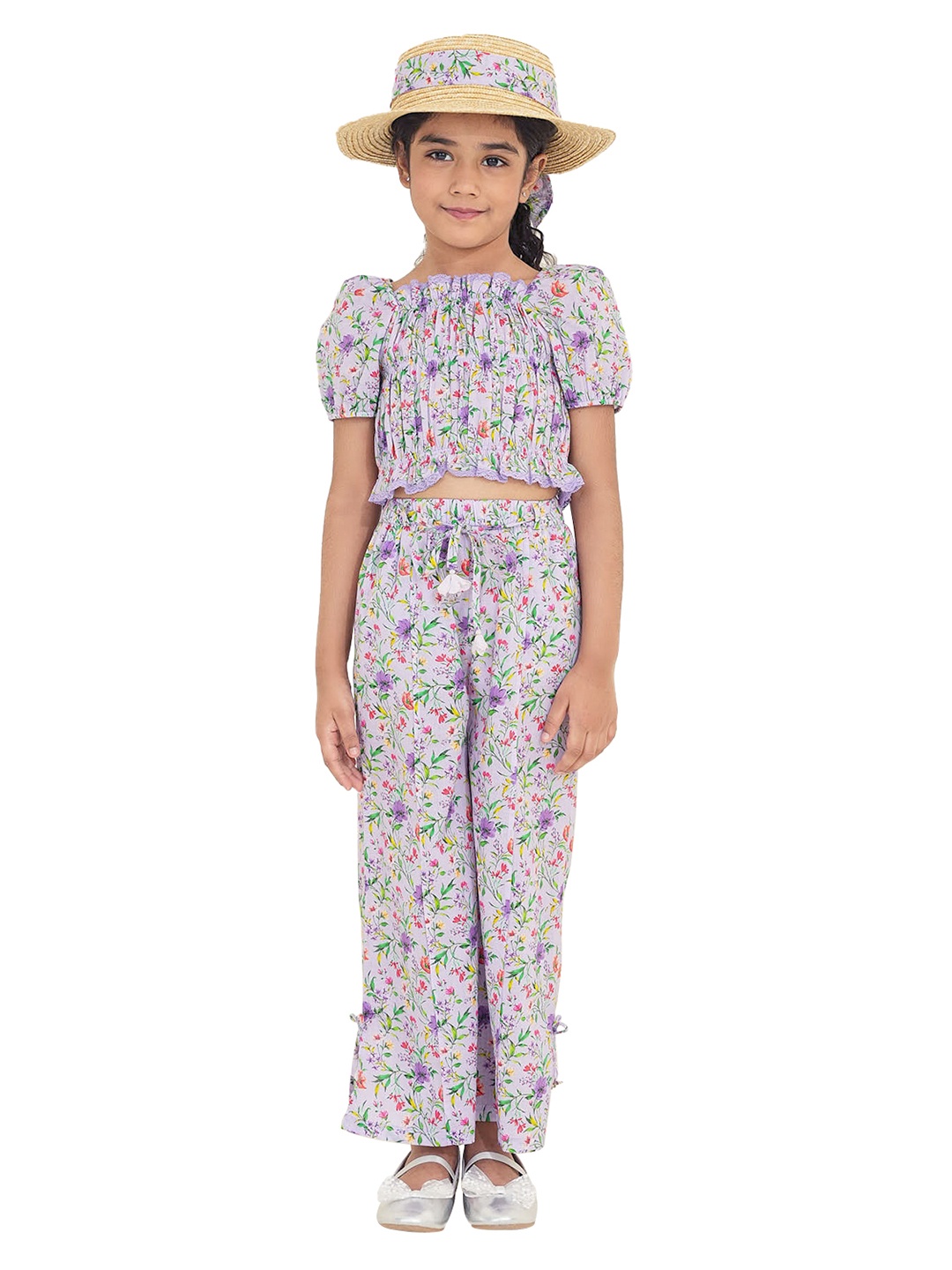 

The Tribe Kids Girls Floral Printed Puff Sleeves Pure Cotton Crop Top, Purple