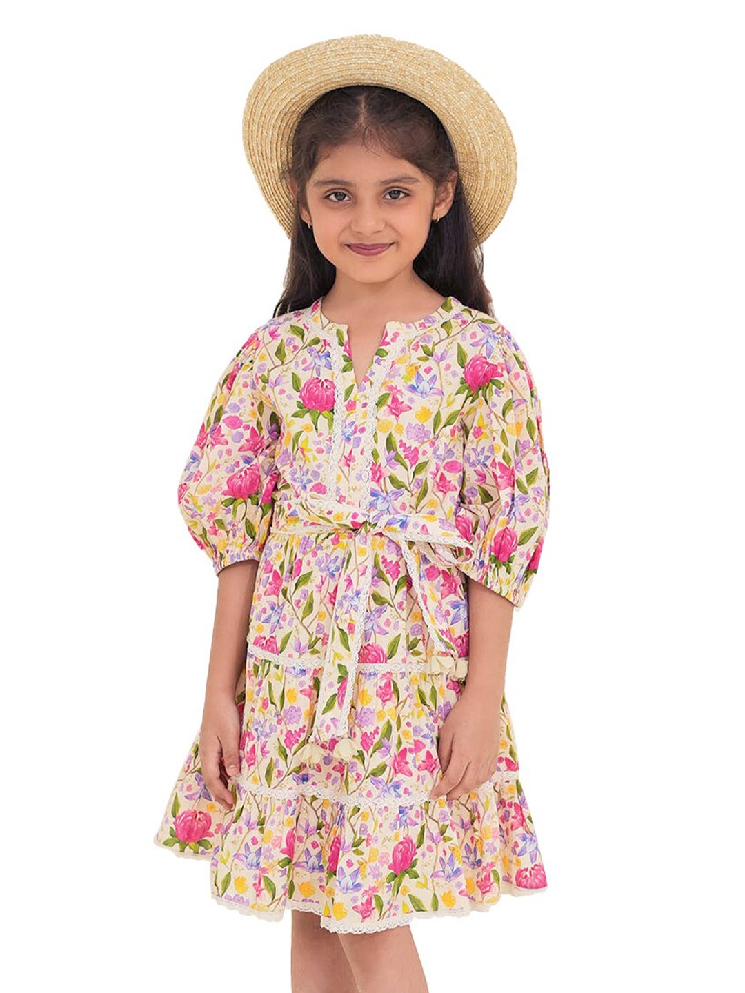 

The Tribe Kids Girls Floral Printed Tiered Cotton Fit & Flare Dress With Belt, Pink