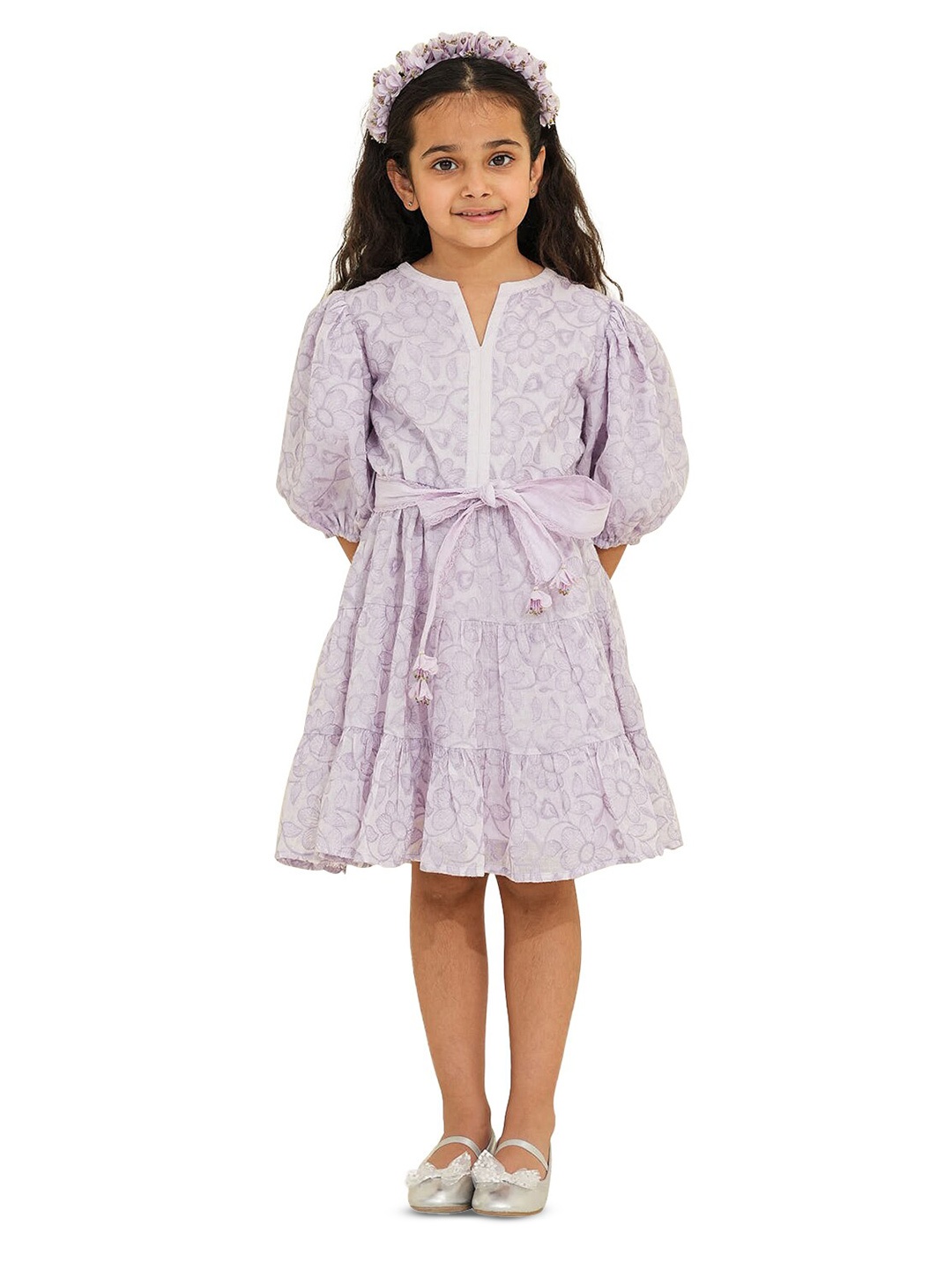 

The Tribe Kids Girls Floral Printed Puff Sleeves Tiered Cotton Fit & Flare Dress, Purple