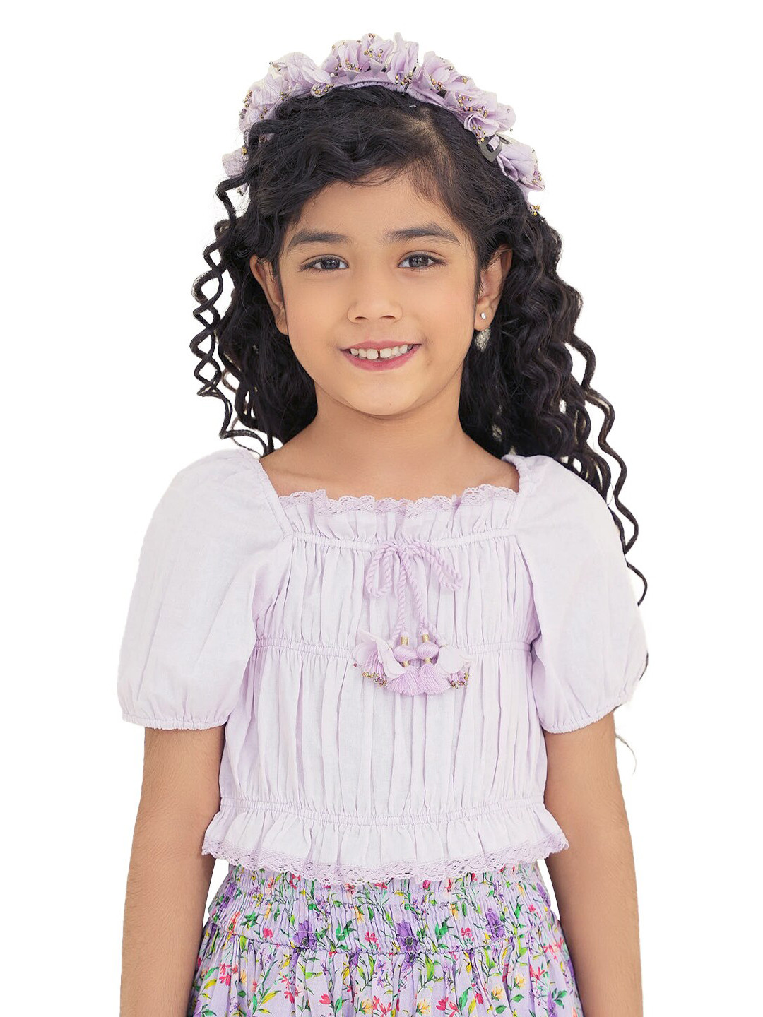 

The Tribe Kids Square Neck Puff Sleeves Pure Cotton Blouson Top, Purple