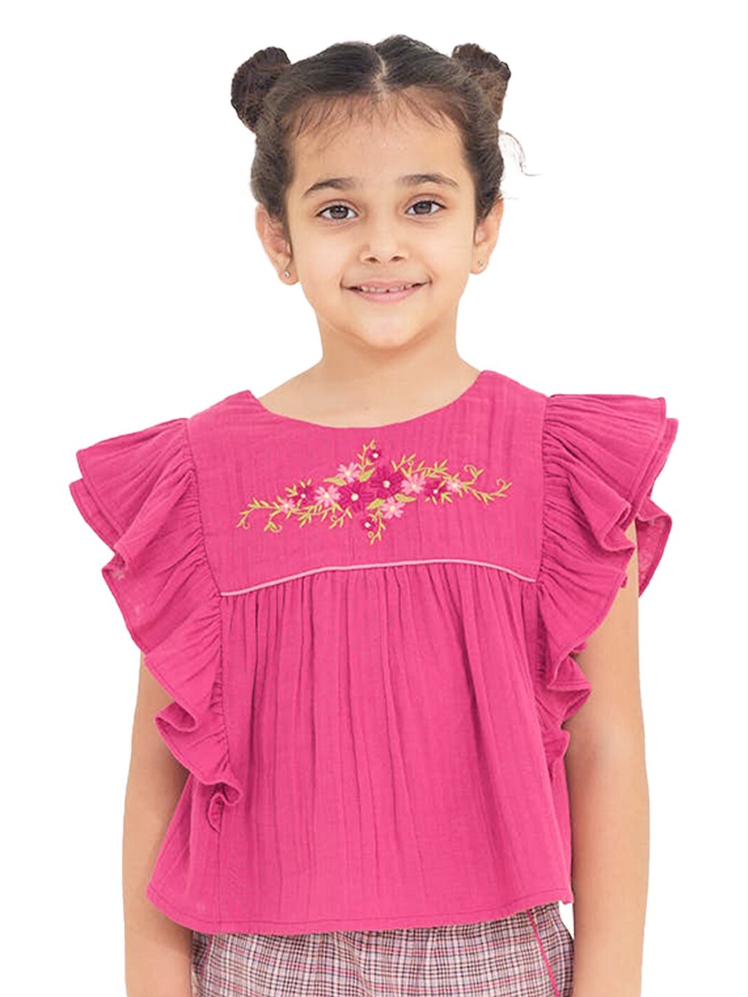 

The Tribe Kids Girls Floral Embroidered Flutter Sleeves Cotton Top, Magenta