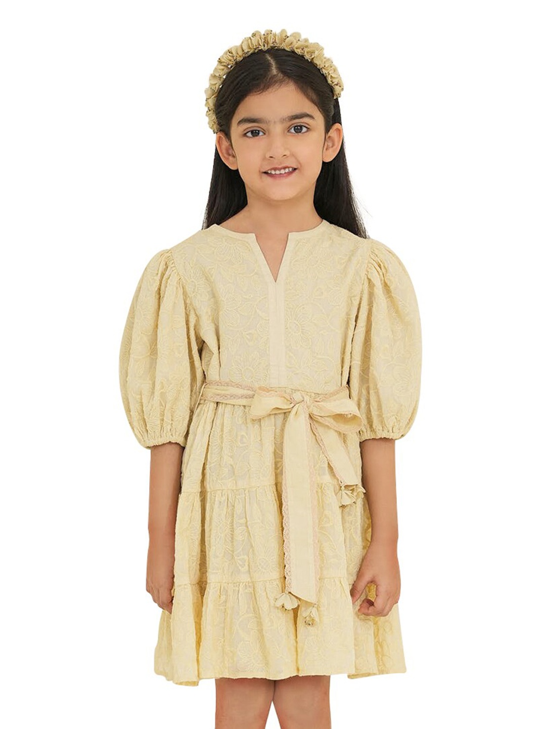 

The Tribe Kids Girls Embroidered Notched Neck Puff Sleeves Layered Fit & Flare Dress, Cream