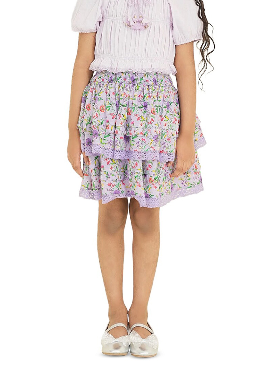 

The Tribe Kids Girls Floral Printed Pure Cotton Above Knee Skirts, Purple