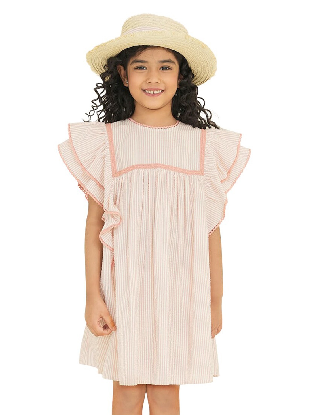 

The Tribe Kids Girls Striped Gathered Cotton A-Line Dress, Peach