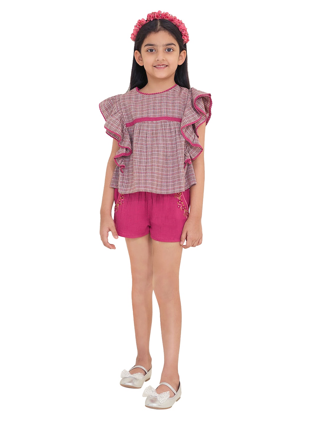 

The Tribe Kids Girls Checked Flutter Sleeve Pure Cotton Top, Peach