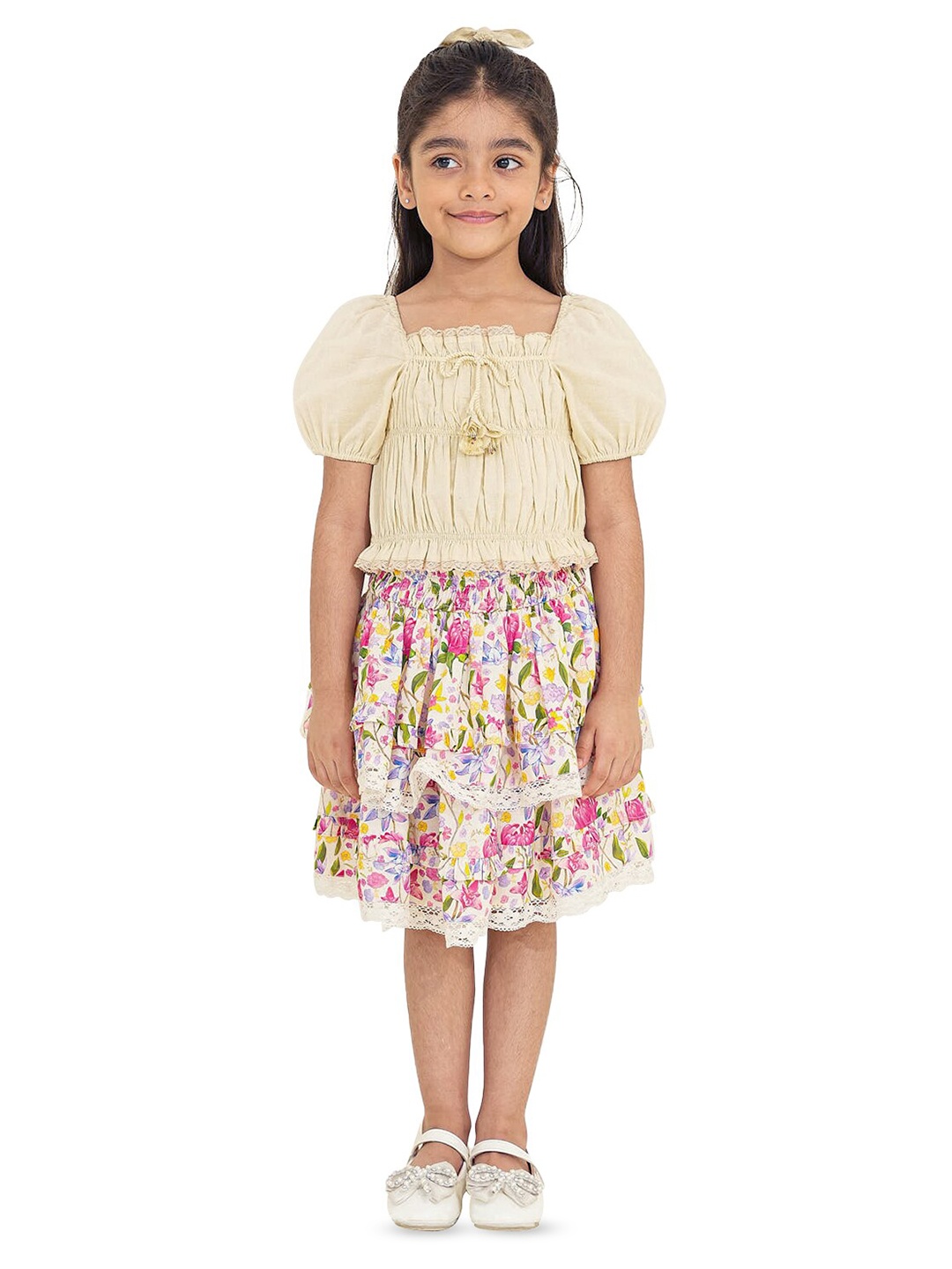 

The Tribe Kids Girls Square Neck Puff Sleeve Gathered Pure Cotton Top, Cream