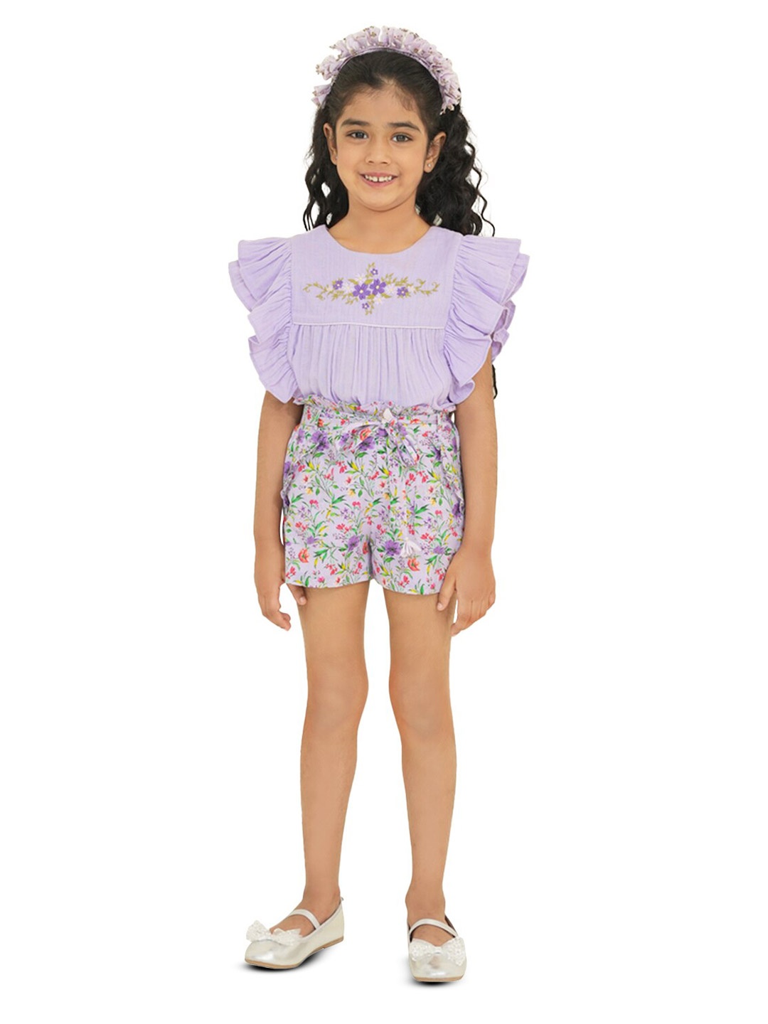 

The Tribe Kids Girls Floral Printed Mid Rise Cotton Shorts, Purple