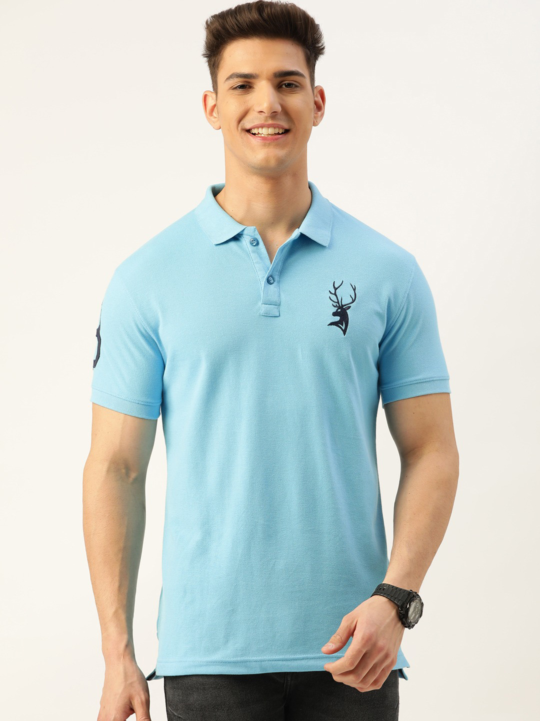 

PORTBLAIR Polo Collar Short Sleeves Embroidered T-shirt, Blue