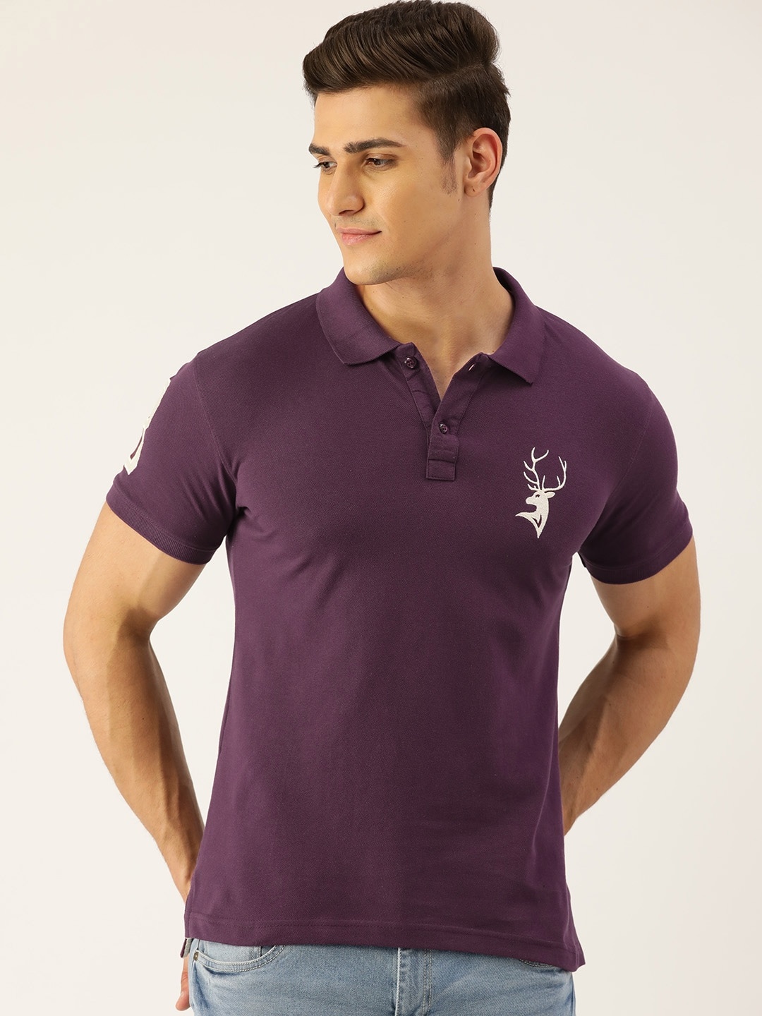 

PORTBLAIR Polo Collar Short Sleeves Embroidered T-shirt, Purple