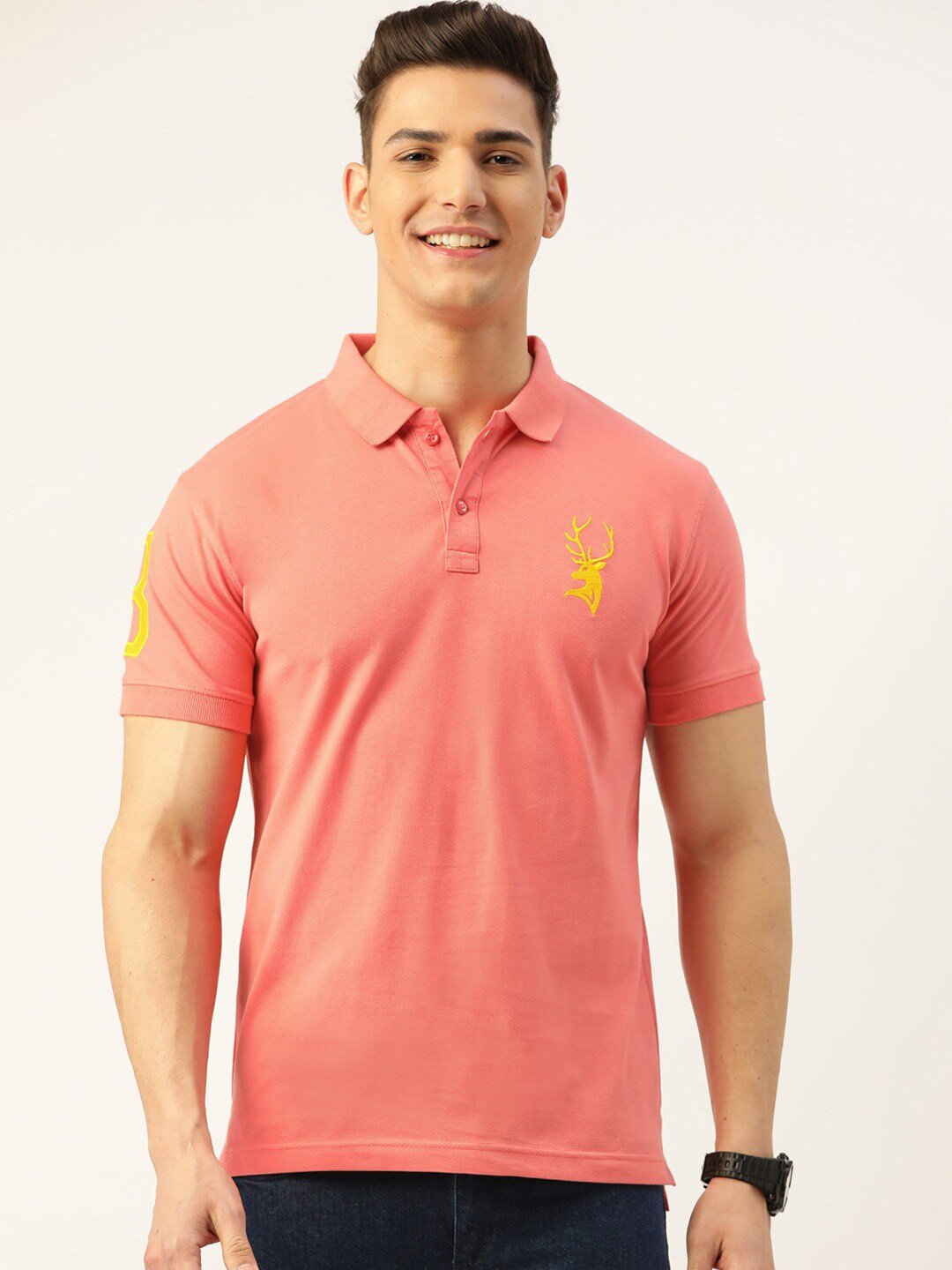 

PORTBLAIR Printed Polo Collar Cotton T-shirt, Peach