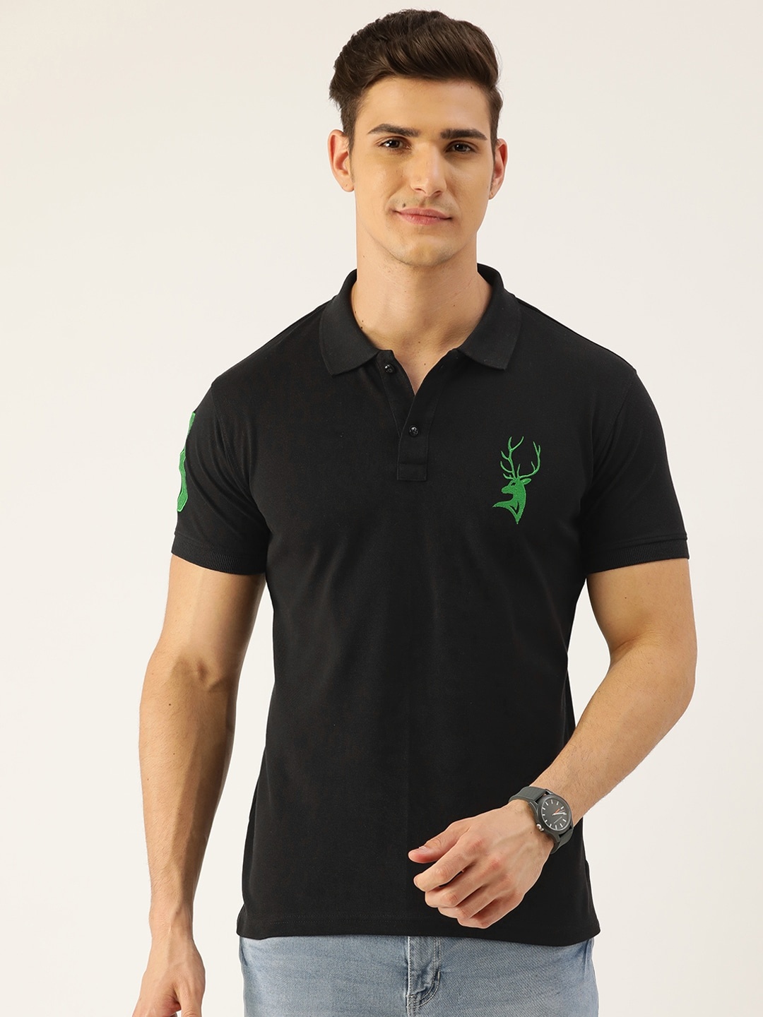 

PORTBLAIR Polo Collar Short Sleeves Embroidered T-shirt, Black