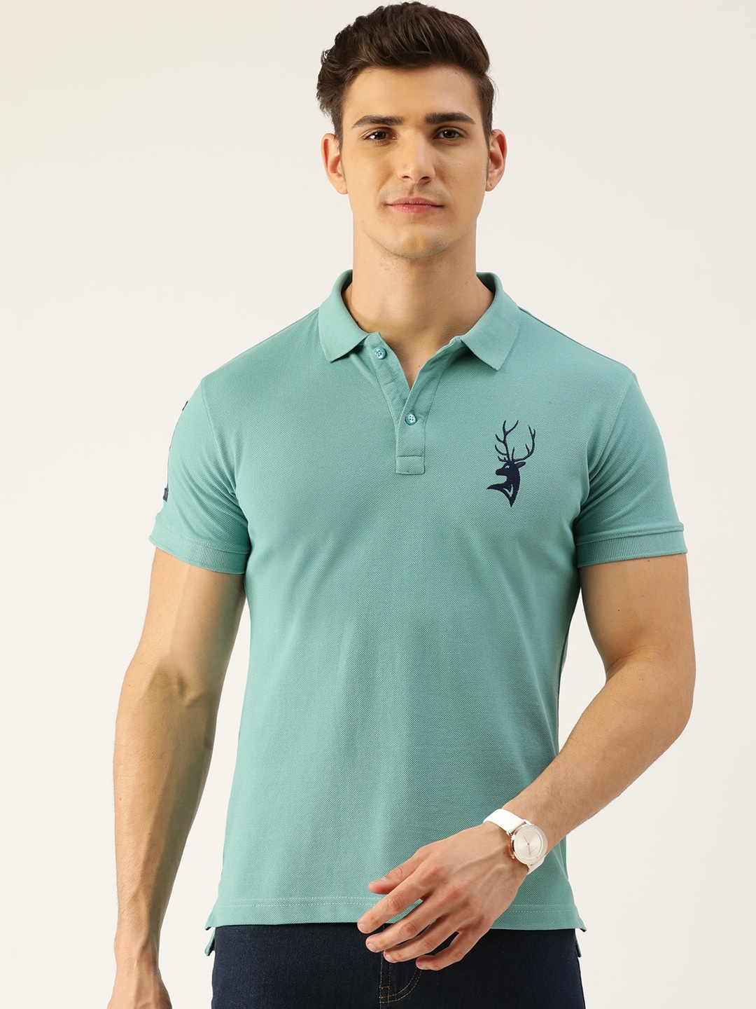 

PORTBLAIR Polo Collar Short Sleeves Embroidered T-shirt, Sea green