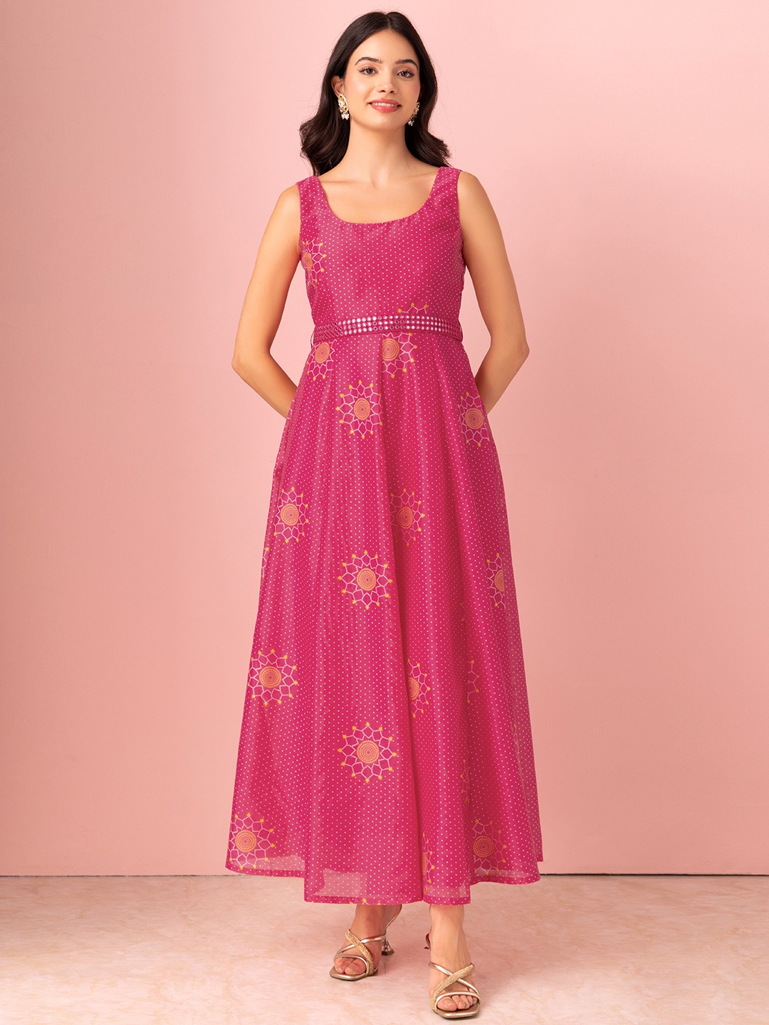 

INDYA Ethnic Motif Printed Anarkali Kurta With Belt, Pink