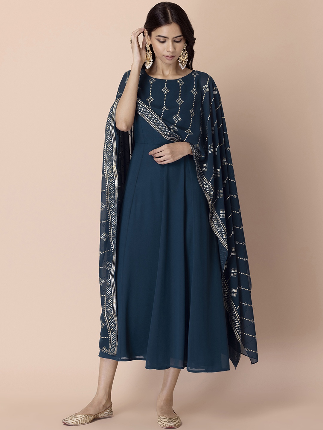 

INDYA Round Neck A-Line Midi Ethnic Dress With Attached Dupatta, Teal