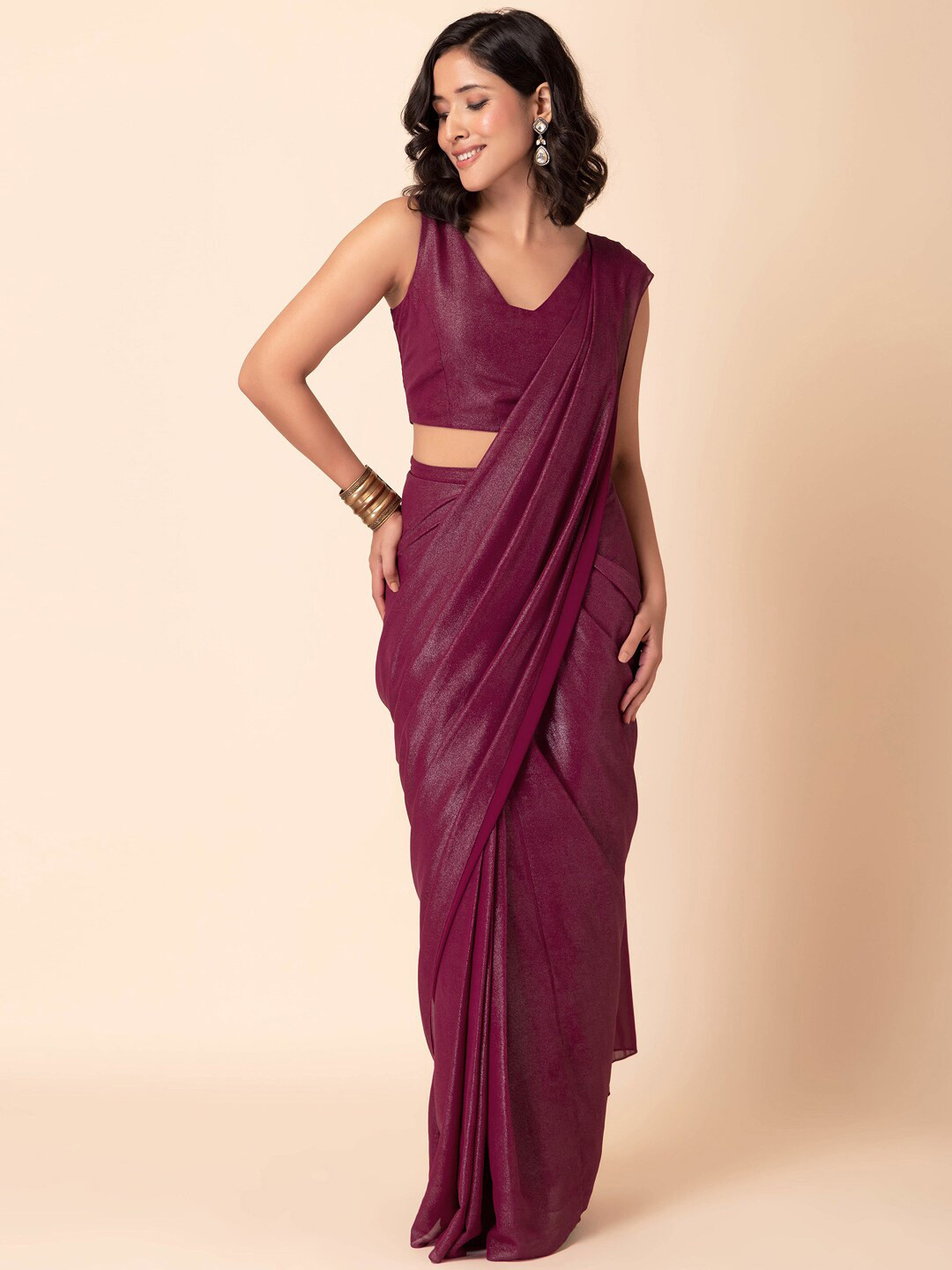 

INDYA Ready To Wear Saree With Stitched Blouse, Purple