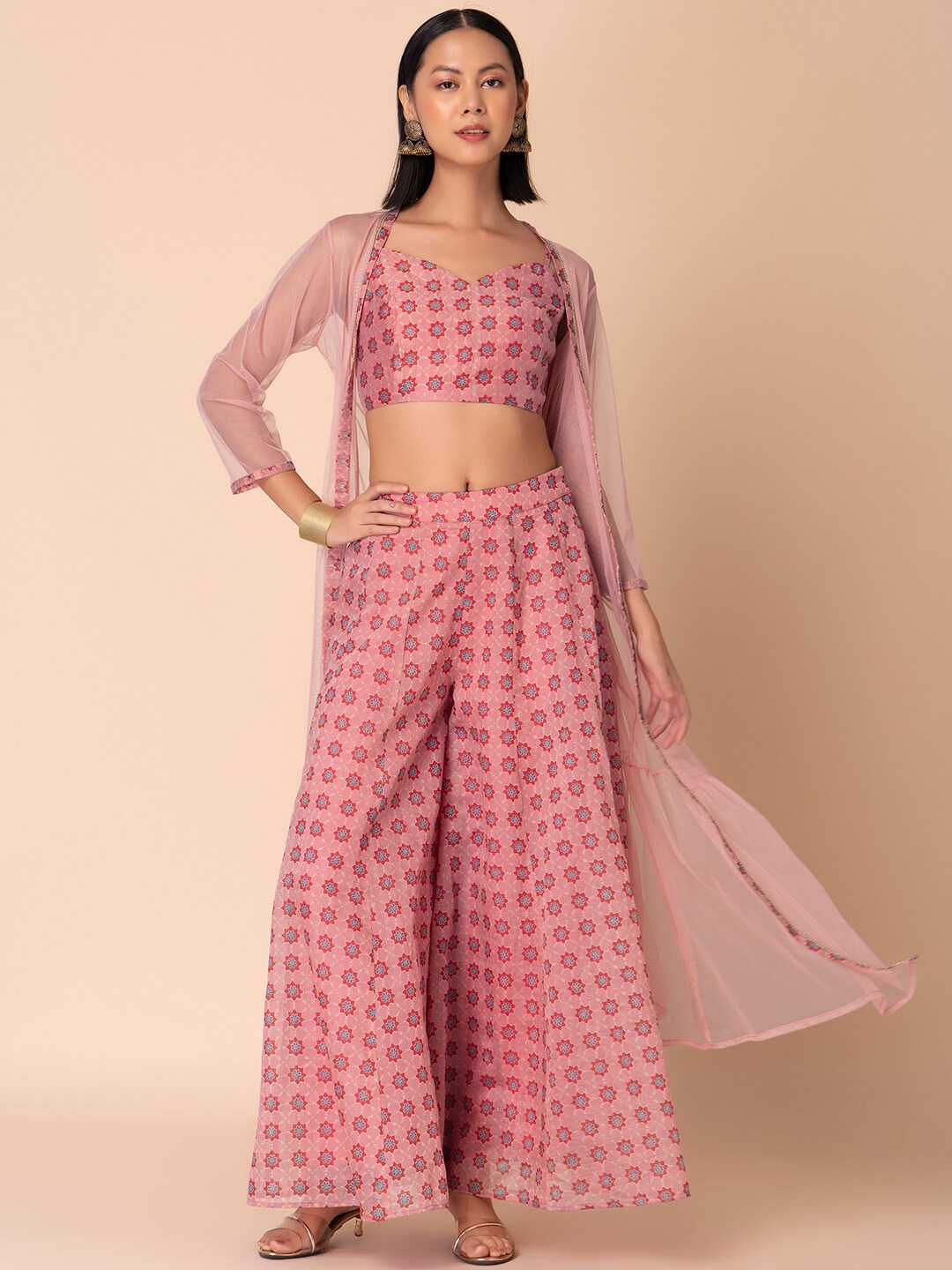 

INDYA Printed V-Neck Top & Palazzo With Shrug Co-Ords, Pink