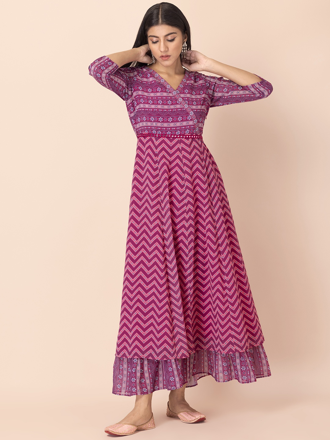 

INDYA Chevron Printed Angrakha Anarkali Kurta, Pink