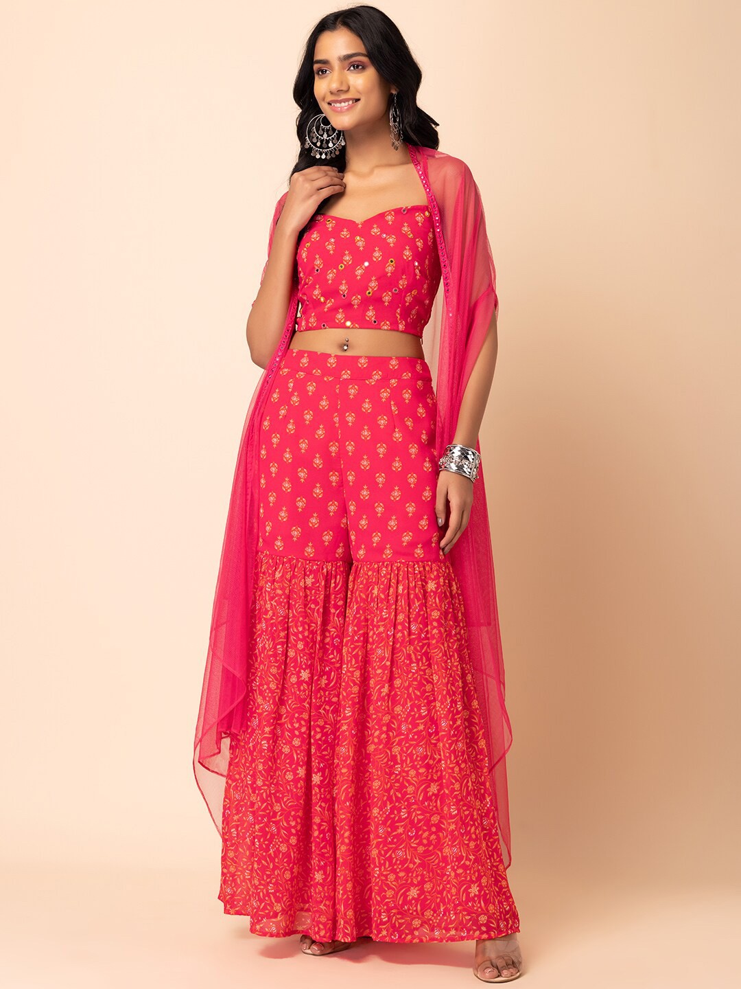 

INDYA Printed Shoulder Straps Top & Sharara With Shrug Co-Ords, Pink